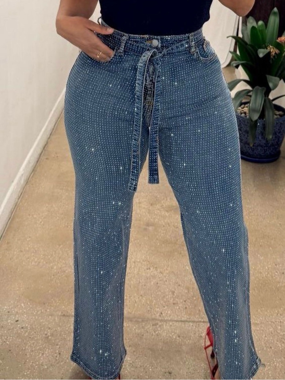 Sparkle Blue Rhinestone Wide-Leg Jeans